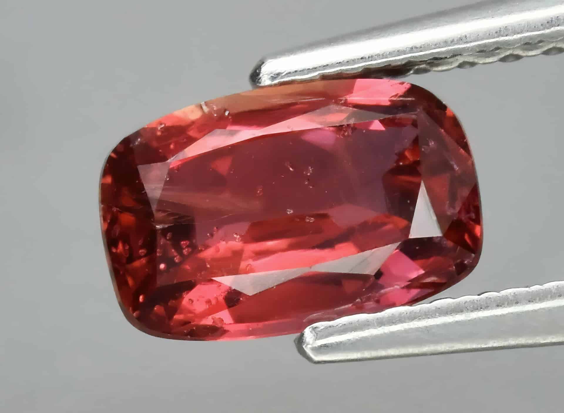 Natural gemstone red sapphire in tweezers on a gray background.