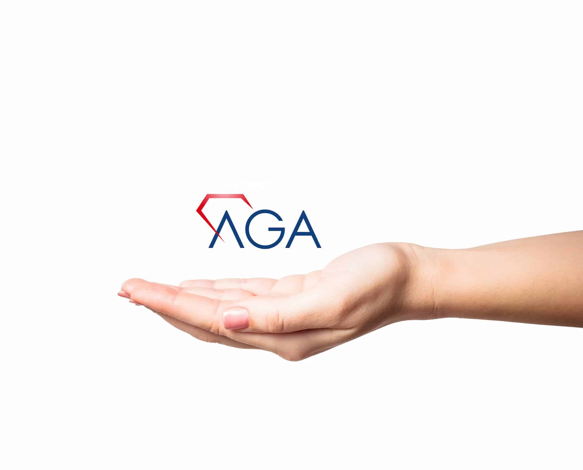 Woman's hand outstretched holding and supporting AGA logo.