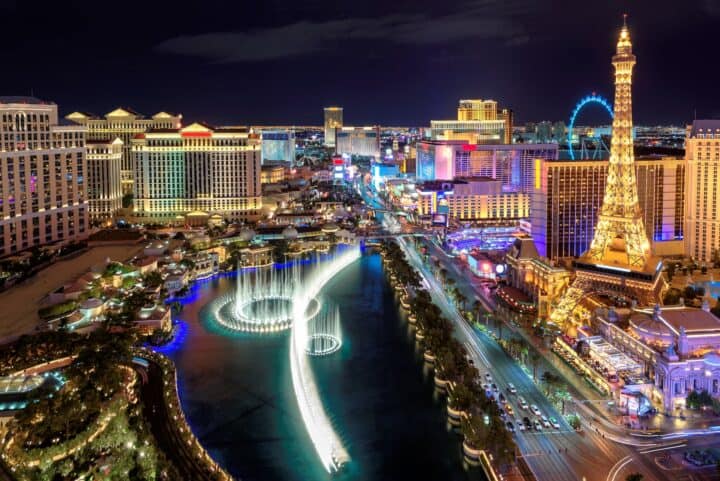 An aerial view of the Las Vegas strip at night.