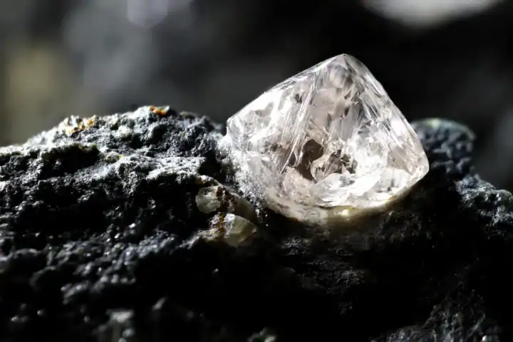 Rough diamond embedded in dark kimberlite rock, symbolizing the journey of diamonds from earth to market.